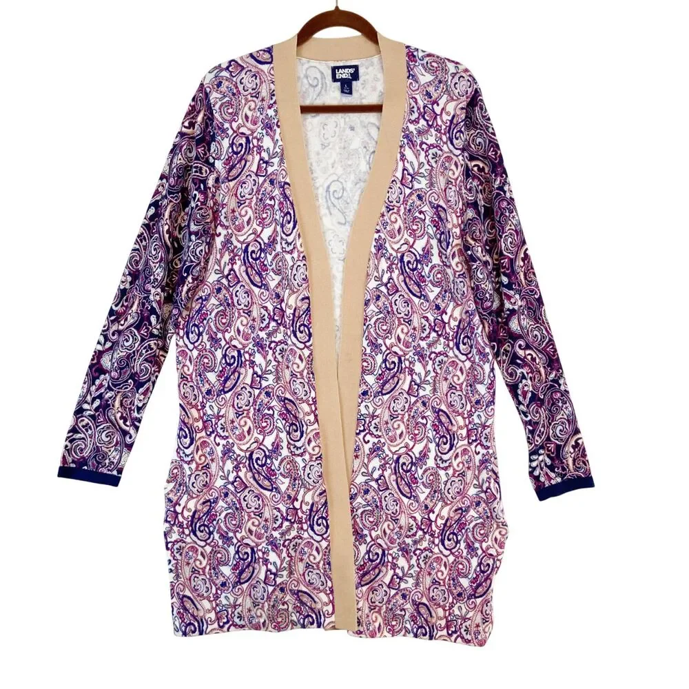 Lands End Long Line Cardigan Sweater‎ Women's Large 14-16 Paisley Open Front
